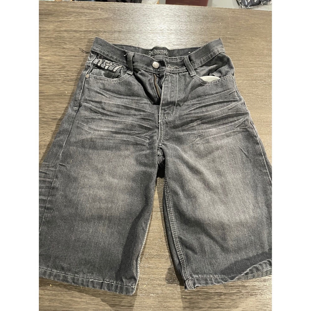 Chams Women Sz 10 Black Denim Shorts Y2K Contrast Stitch Studded Starburst